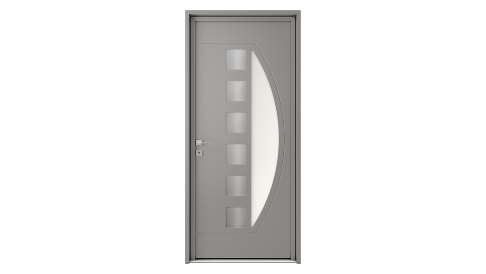 Porte d'entrée aluminium ITHAQUE Porte d'entrée grise avec demi-lune et 6 carrés vitrés